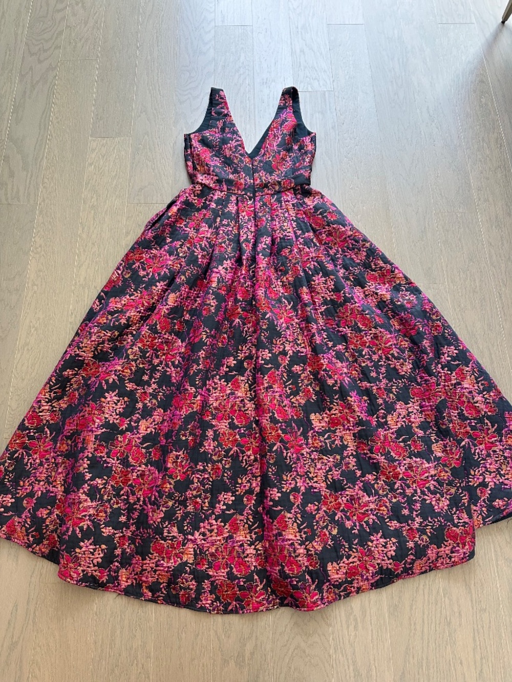 Badgley Mischka Pink Floral Jacquard Brocade Gown Maxi Dress Plunge - Size 2 - Picture 3 of 10